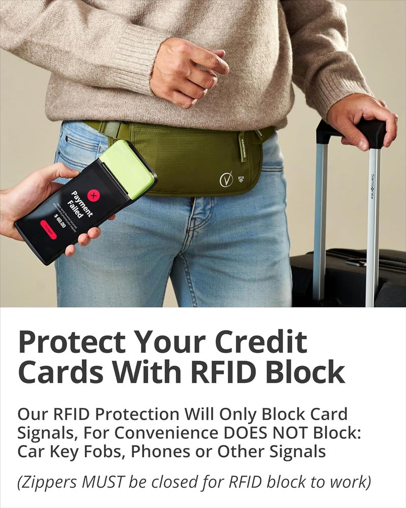 Vantamo حزام نقود مع RFID للرجال والنساء، حامل جواز سفر مخفي للسفر، حقيبة خصر سفر بجيبين للنساء مضادة للسرقة - Image 3